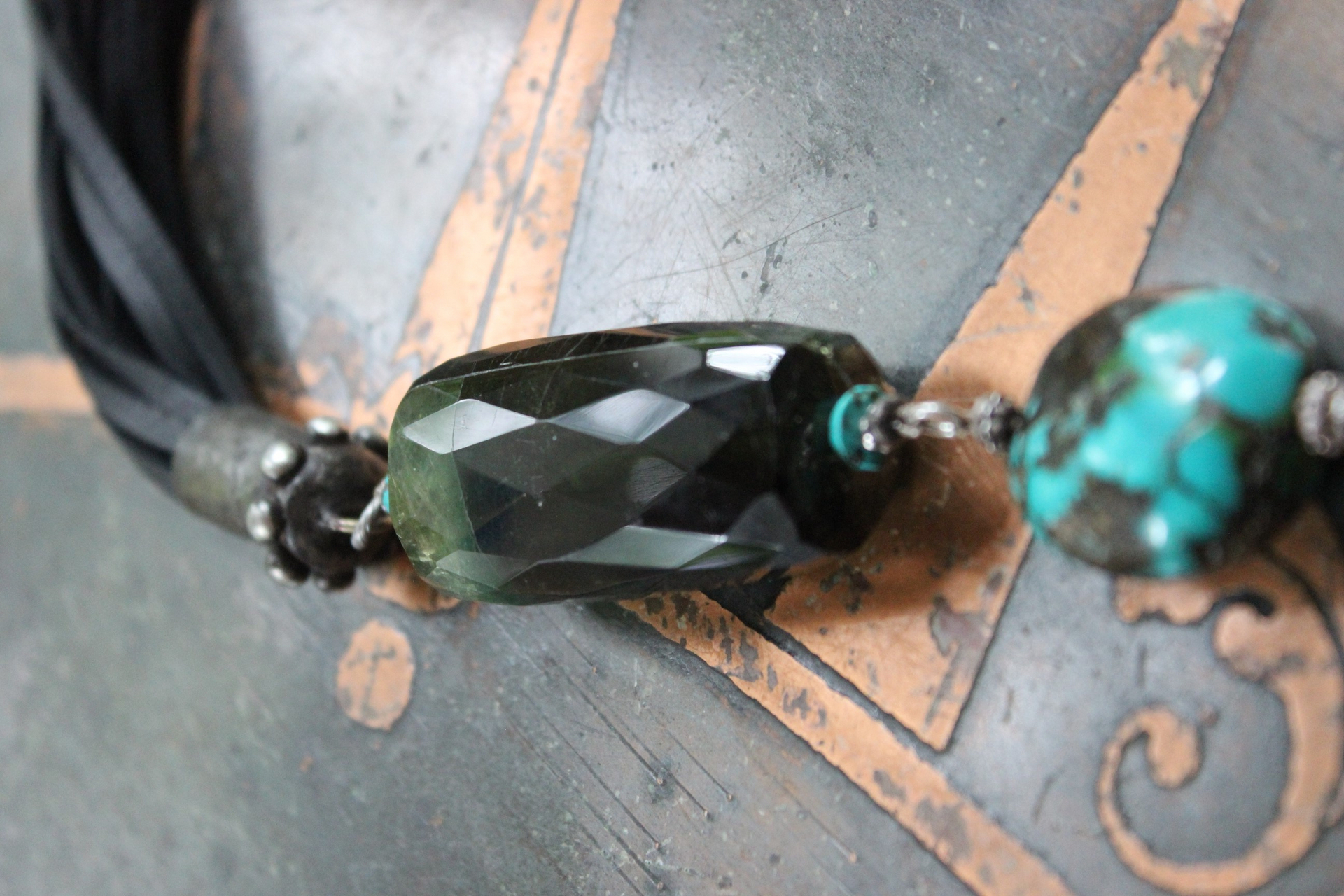SOLD to J Joy & Happiness Necklace with Incredible Checkerboard Faceted Blue Green Tourmaline Gemstones,Polished Turquoise,Leather Tassel & Chain