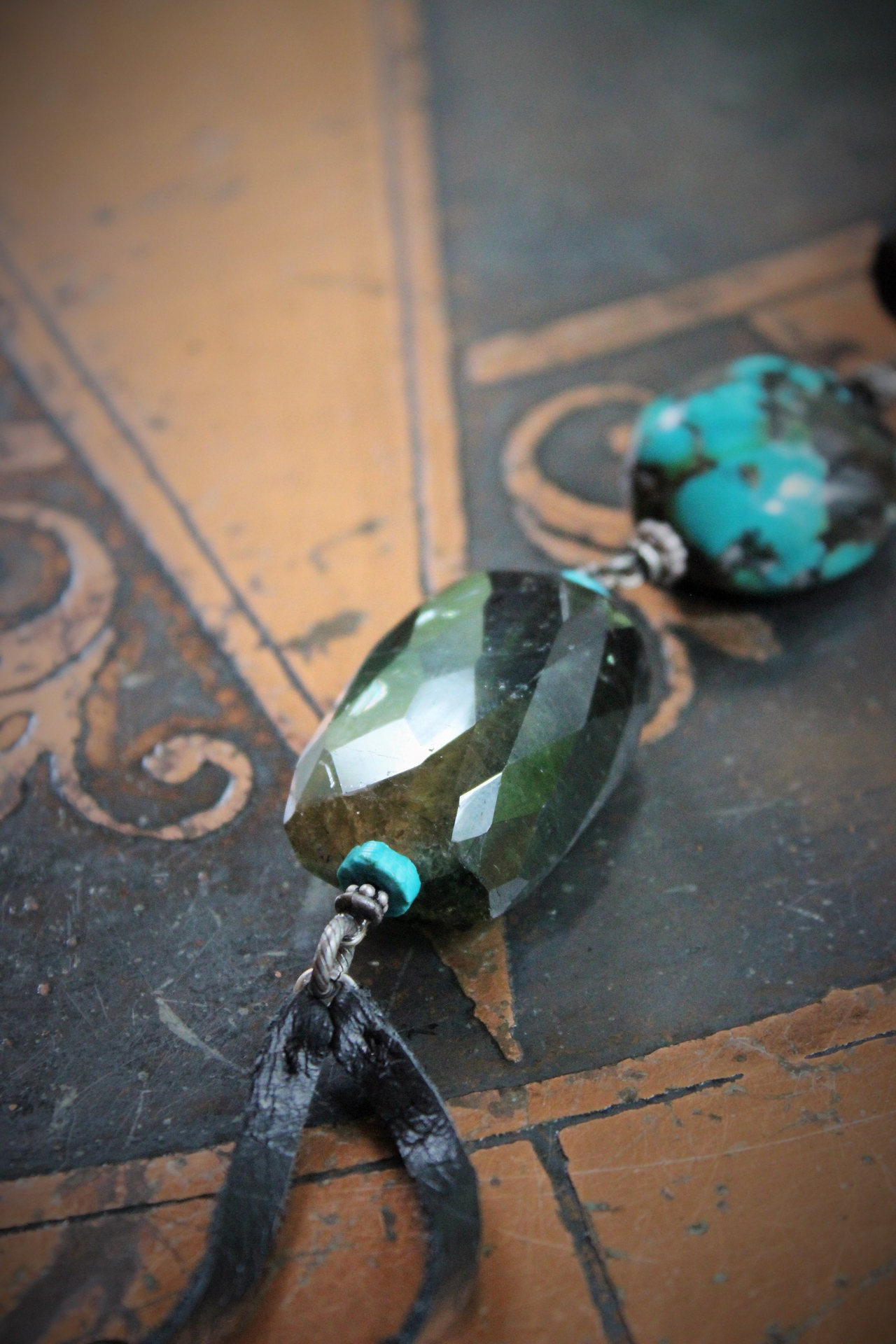 SOLD to J Joy & Happiness Necklace with Incredible Checkerboard Faceted Blue Green Tourmaline Gemstones,Polished Turquoise,Leather Tassel & Chain