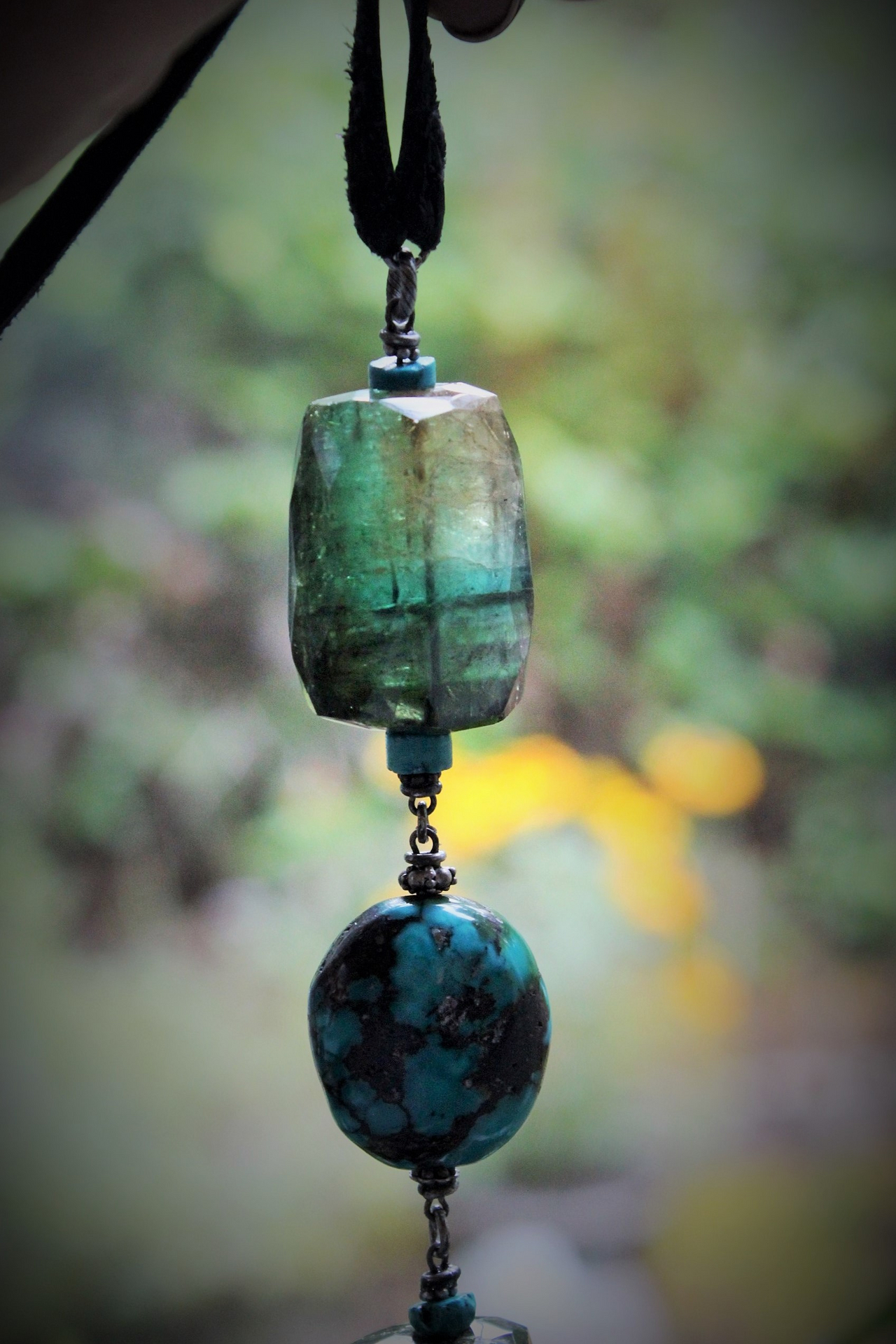 SOLD to J Joy & Happiness Necklace with Incredible Checkerboard Faceted Blue Green Tourmaline Gemstones,Polished Turquoise,Leather Tassel & Chain