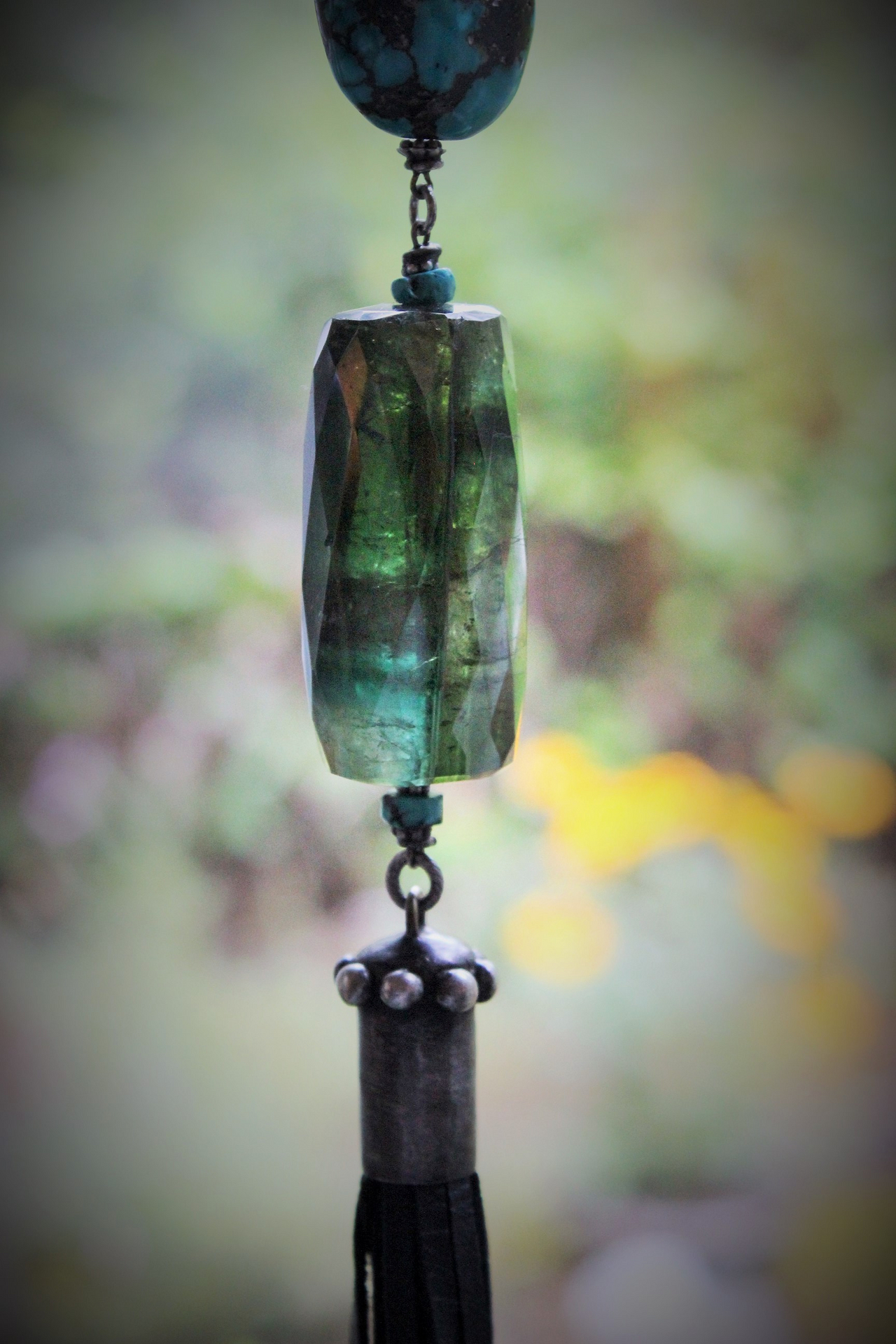 SOLD to J Joy & Happiness Necklace with Incredible Checkerboard Faceted Blue Green Tourmaline Gemstones,Polished Turquoise,Leather Tassel & Chain