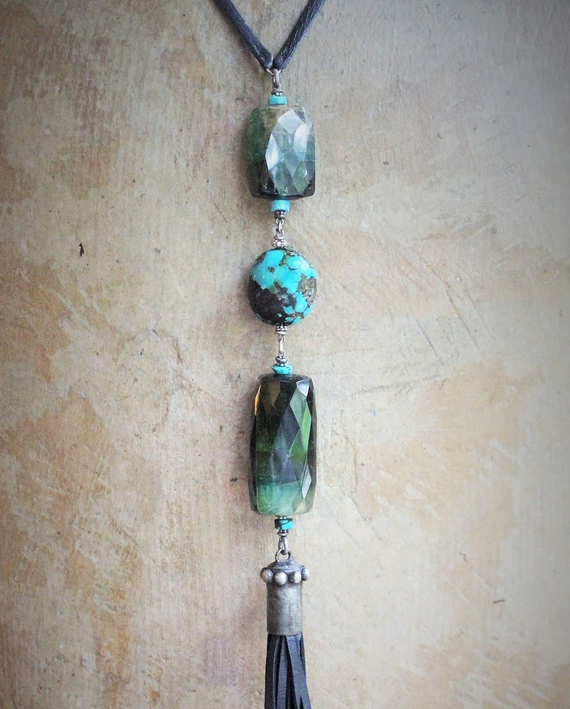 SOLD to J Joy & Happiness Necklace with Incredible Checkerboard Faceted Blue Green Tourmaline Gemstones,Polished Turquoise,Leather Tassel & Chain