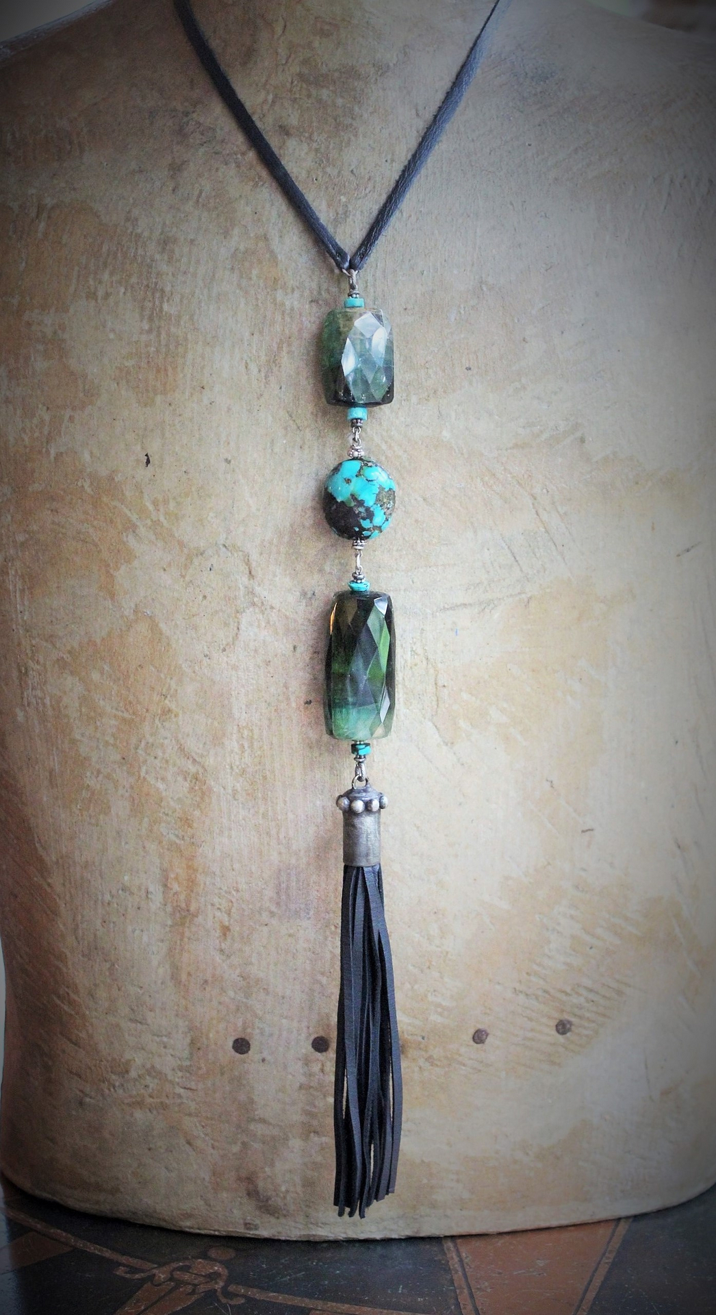 SOLD to J Joy & Happiness Necklace with Incredible Checkerboard Faceted Blue Green Tourmaline Gemstones,Polished Turquoise,Leather Tassel & Chain