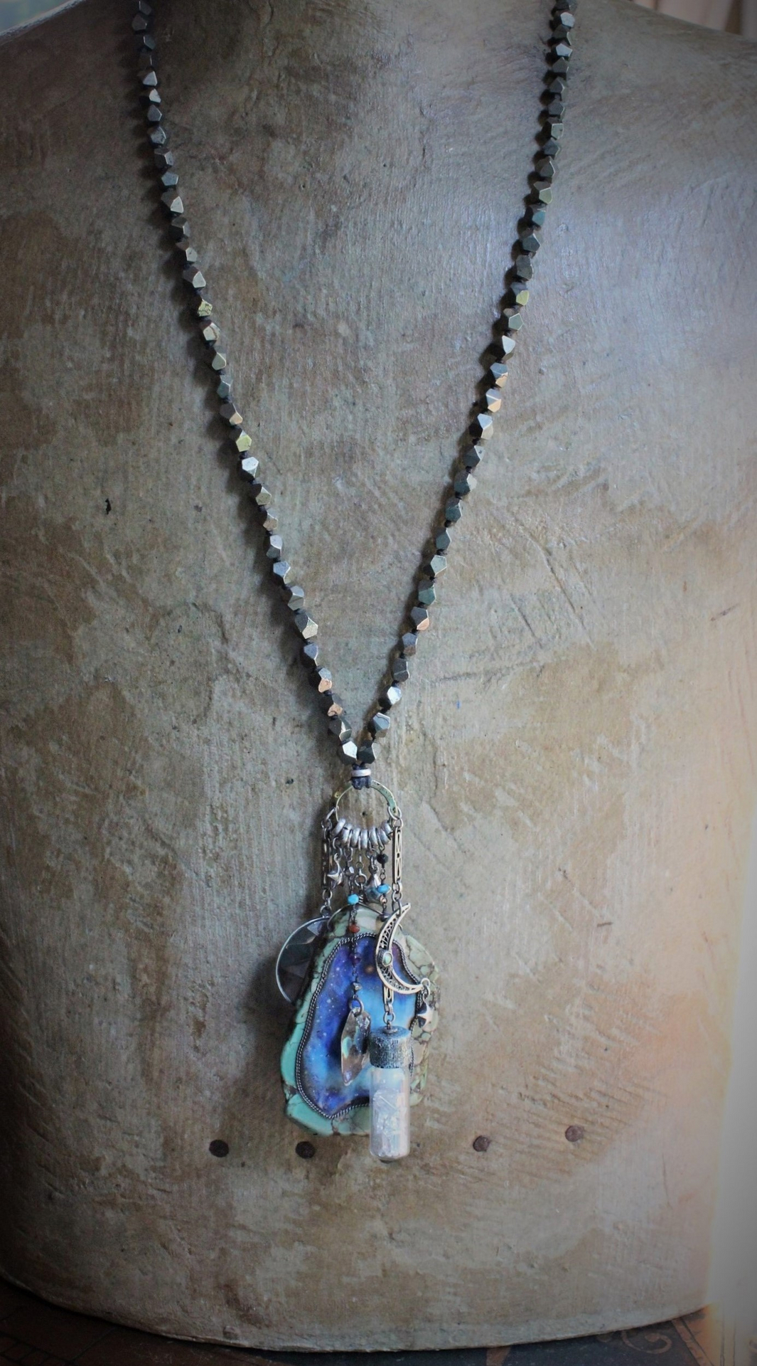 Space. Light. Moon. Stars. Necklace with Sterling Stars, Sterling Crescent Moon, Faceted Crystal Bottle, Cosmic Turquoise Slab Pendant