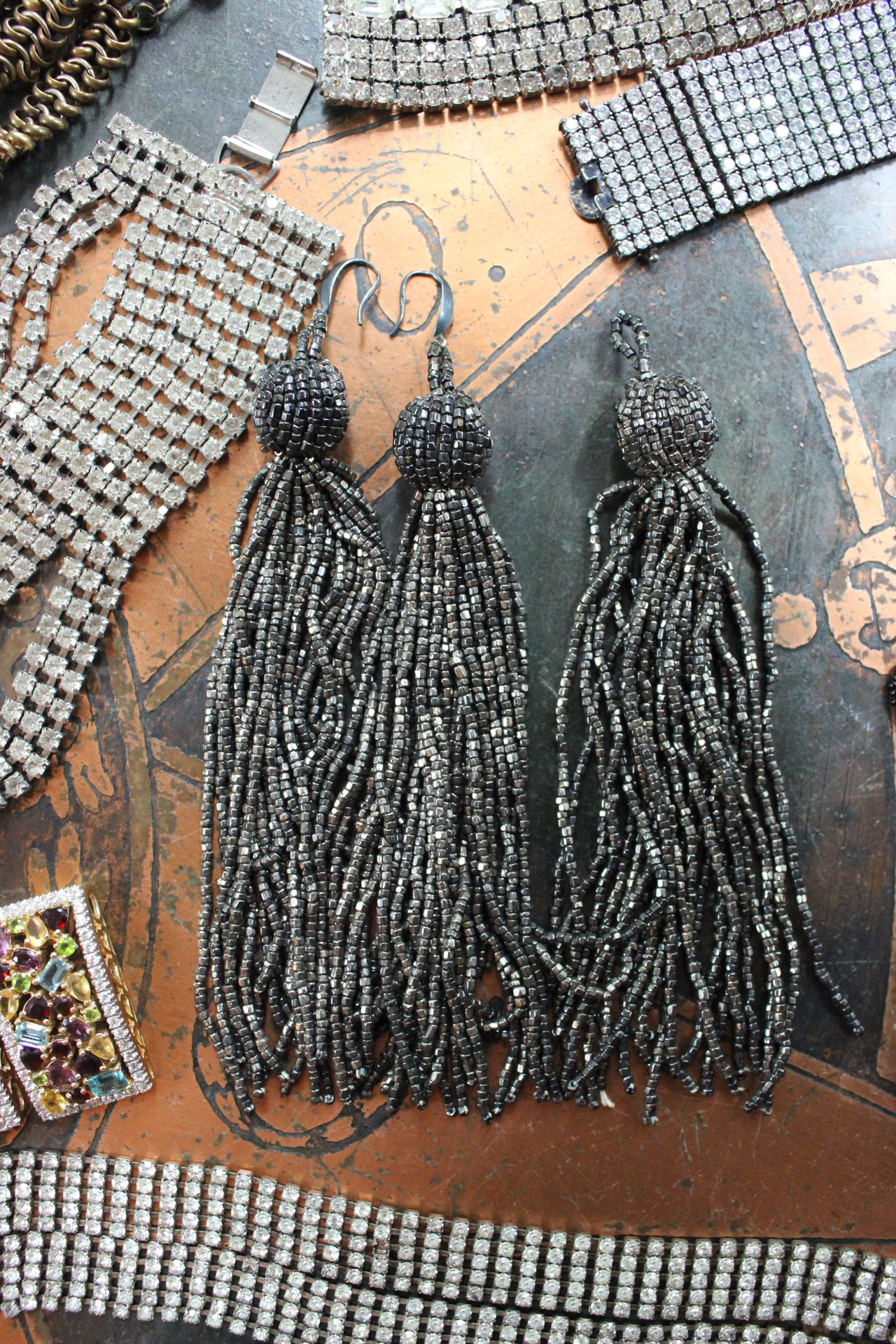 Jewelry Compilation with Amazing Vintage & Antique Rhinestone Pieces,Sterling Vermeil Gemstone Findings,Antique Tassel Earrings,Tom Binns Cuff & More!