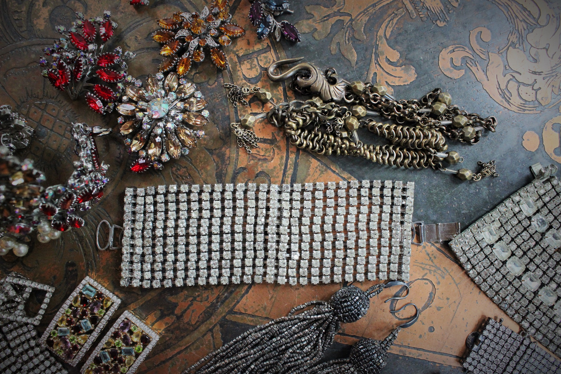 Jewelry Compilation with Amazing Vintage & Antique Rhinestone Pieces,Sterling Vermeil Gemstone Findings,Antique Tassel Earrings,Tom Binns Cuff & More!