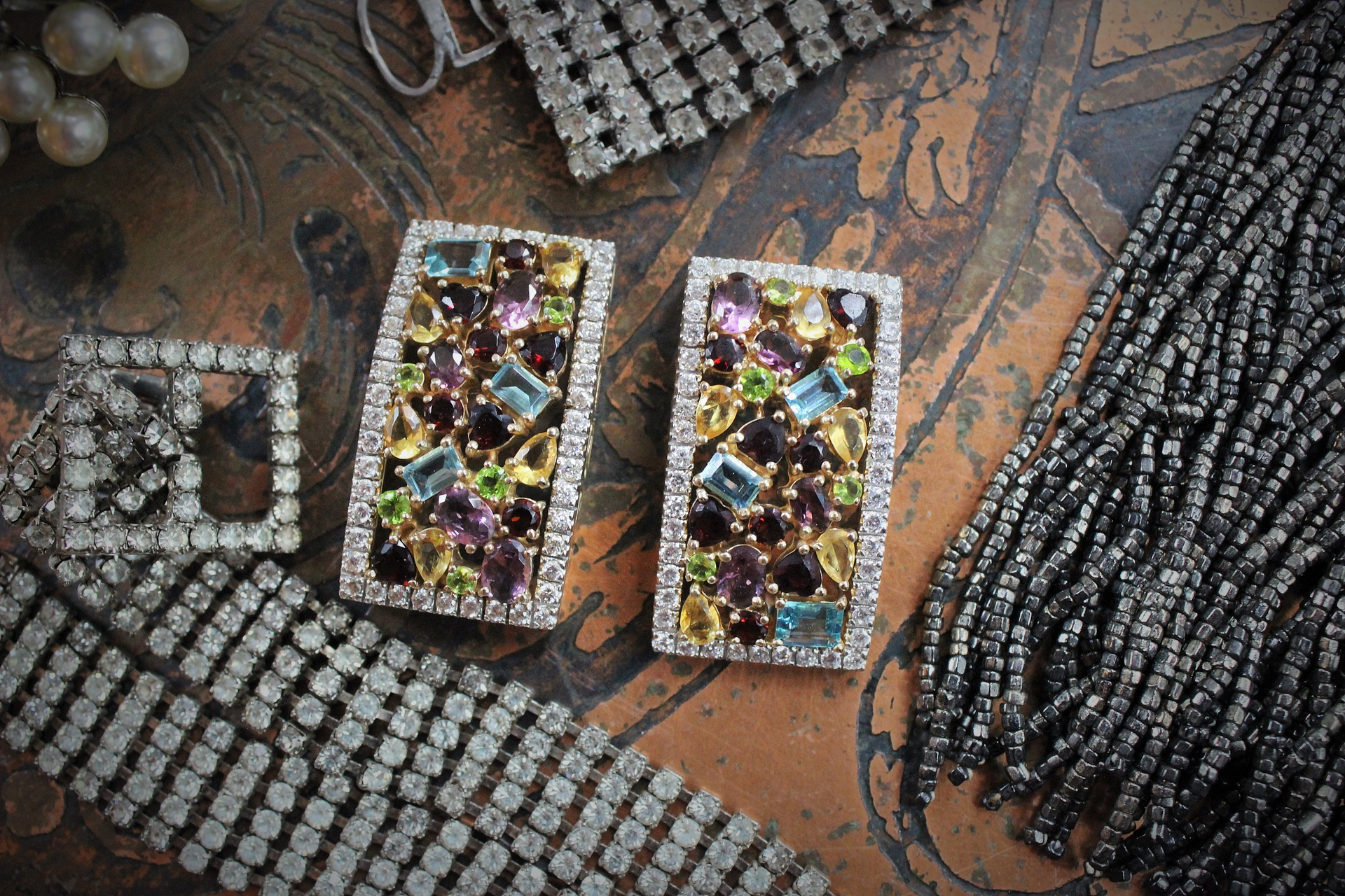 Jewelry Compilation with Amazing Vintage & Antique Rhinestone Pieces,Sterling Vermeil Gemstone Findings,Antique Tassel Earrings,Tom Binns Cuff & More!