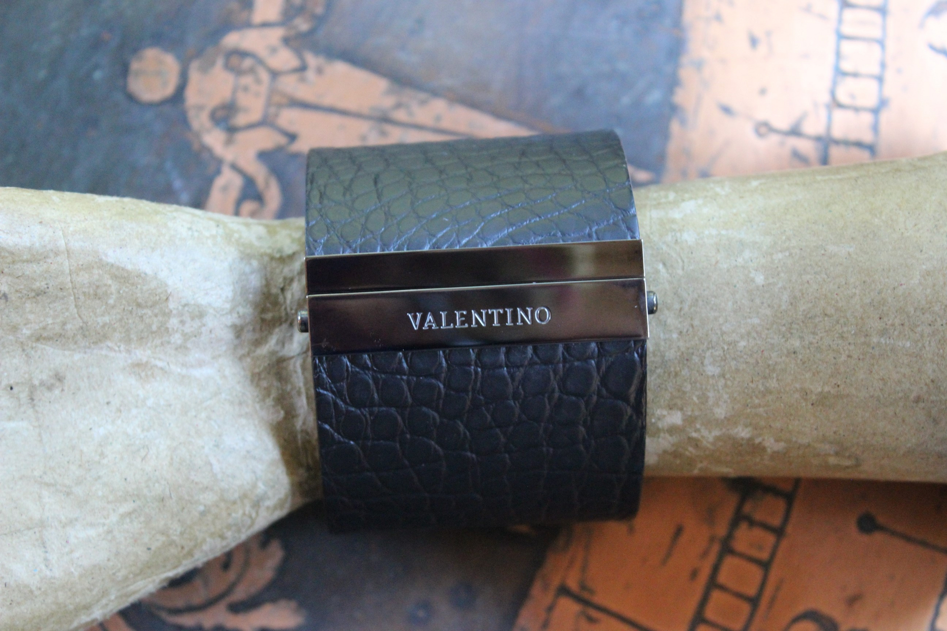Unique & Long Retired Valentino Wide Black Alligator Leather & Crystal Watch Cuff Bracelet
