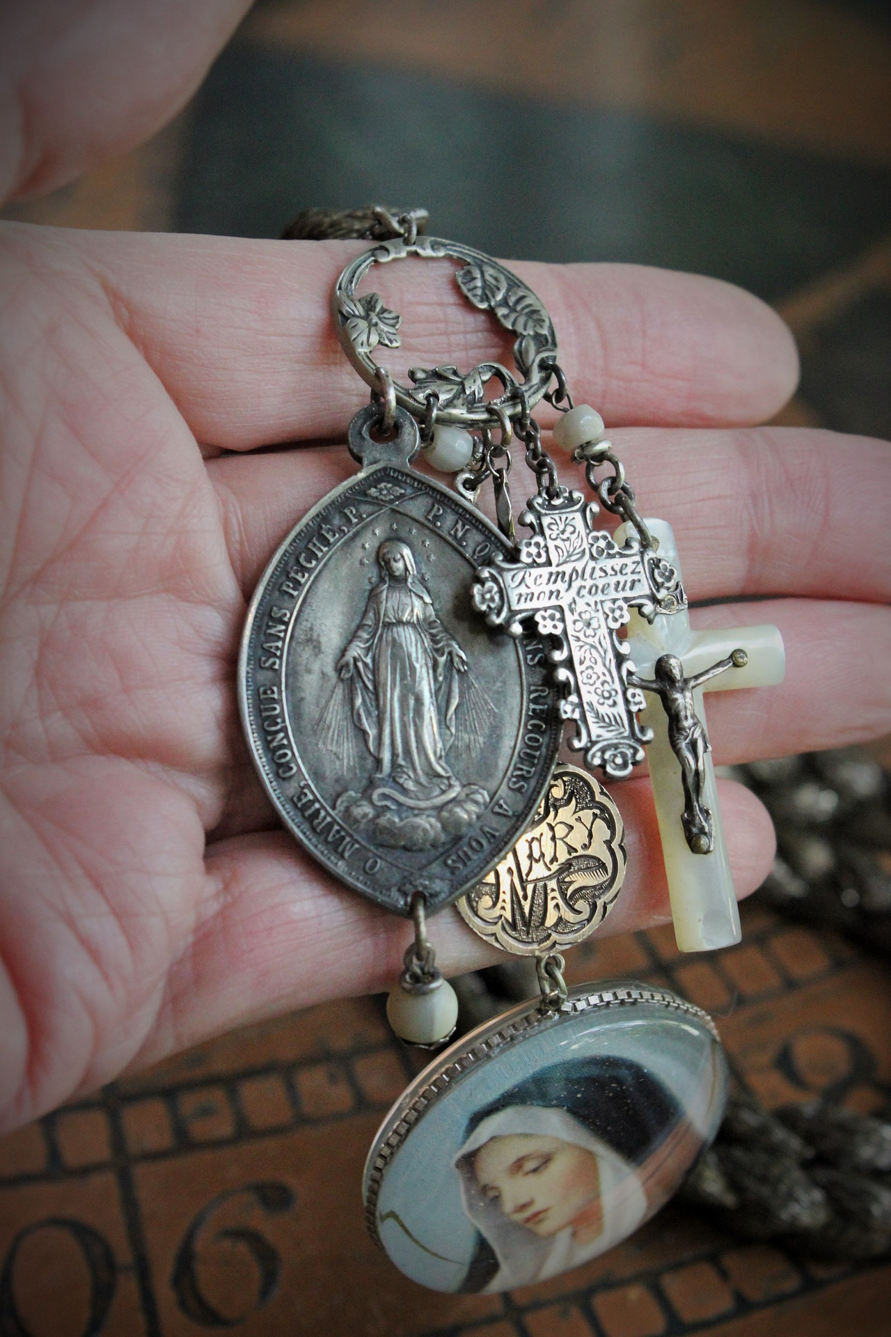 Hope and Love Necklace with Antique French Braided Chain,Glass Holy Card Marian Pendant,Antique Engraved "Mary" Love Token,Engraved "Fill my Heart with your Love" Cross & More!