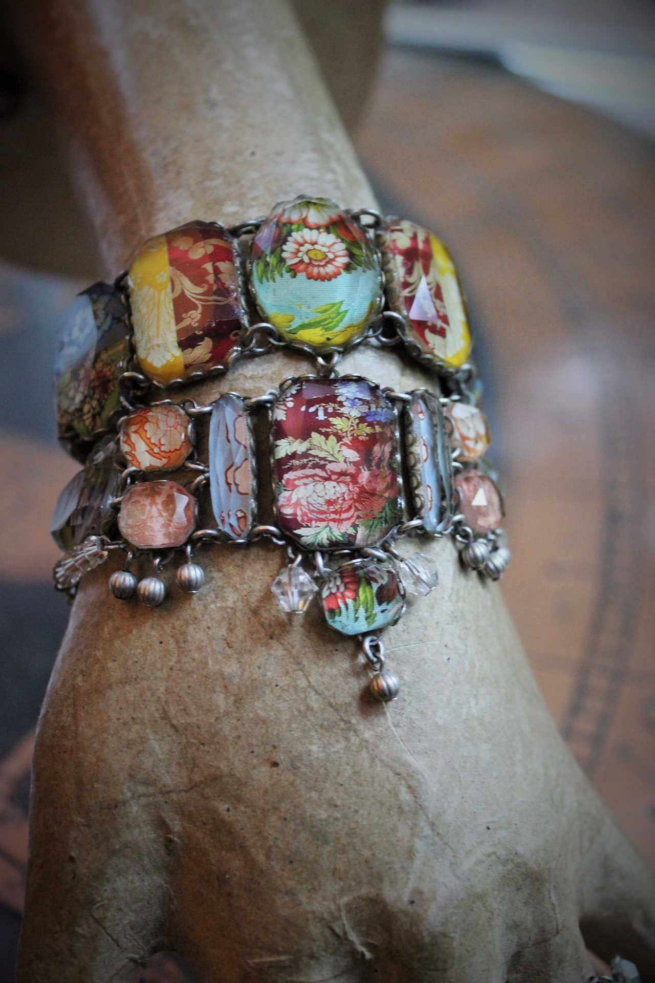 SOLD to J OOAK Ayala Bar Faceted Glass Findings Parure with Wide Bracelet,Ring and Earrings
