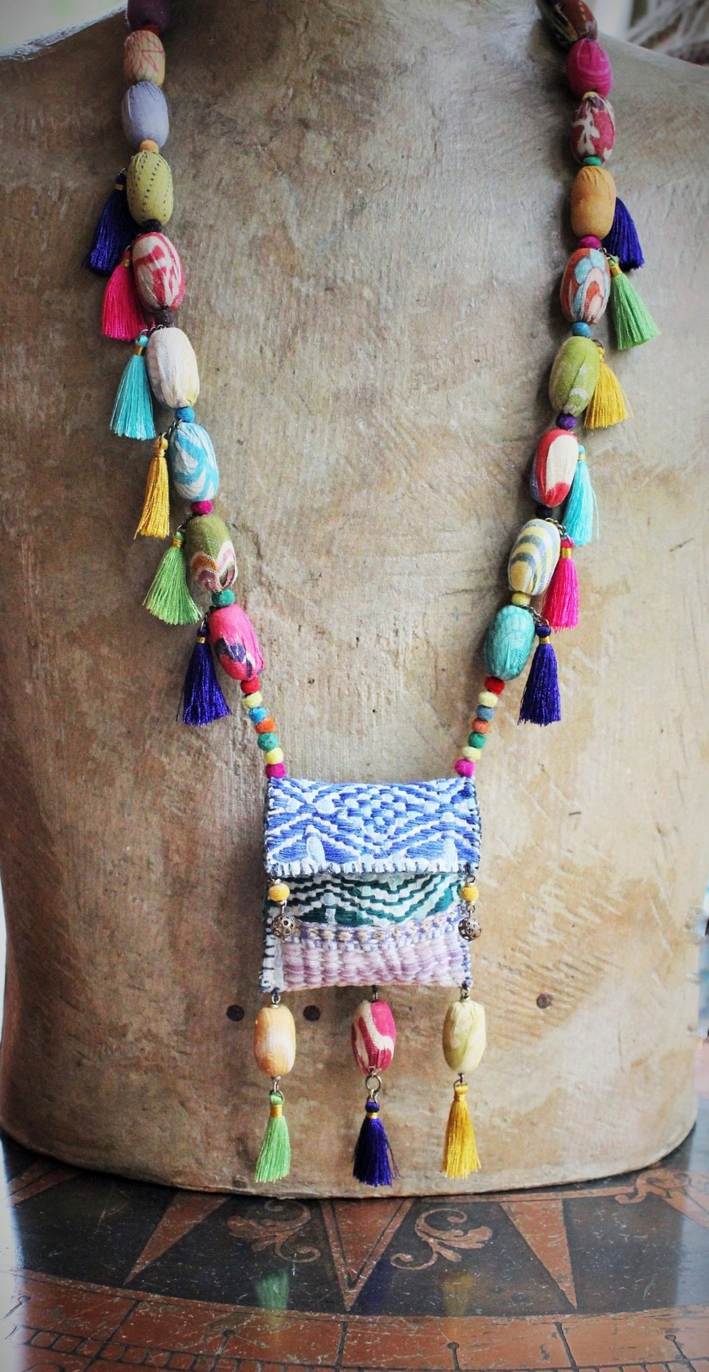 Joy is Prayer Necklace with Antique Kantha Wrapped Beads,Silk Tassels,Hand Stitched Kantha Pouch,9 Antique Watch Part Vessels with Prayer Scrolls