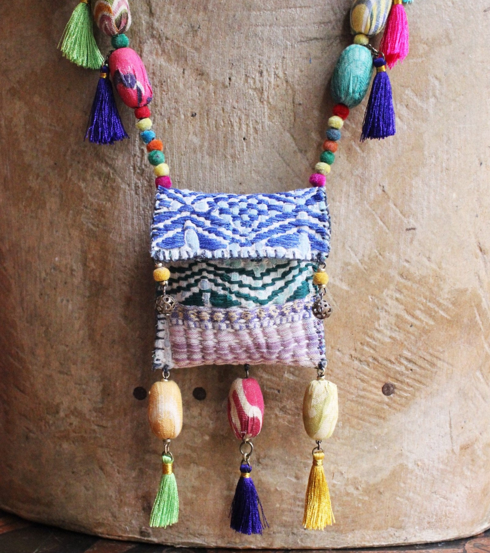 Joy is Prayer Necklace with Antique Kantha Wrapped Beads,Silk Tassels,Hand Stitched Kantha Pouch,9 Antique Watch Part Vessels with Prayer Scrolls