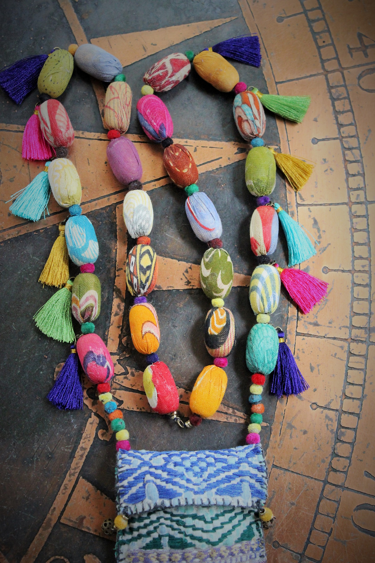 Joy is Prayer Necklace with Antique Kantha Wrapped Beads,Silk Tassels,Hand Stitched Kantha Pouch,9 Antique Watch Part Vessels with Prayer Scrolls