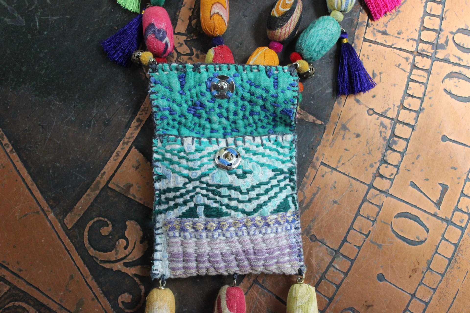 Joy is Prayer Necklace with Antique Kantha Wrapped Beads,Silk Tassels,Hand Stitched Kantha Pouch,9 Antique Watch Part Vessels with Prayer Scrolls
