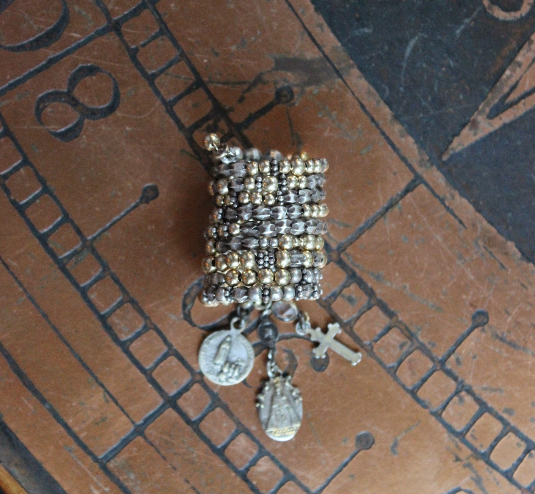 Wide 10 Coil Ring with 14K and Sterling Beads, Antique French Sacred Heart of Mary and Jesus Medals, Antique Sterling Cross & More!