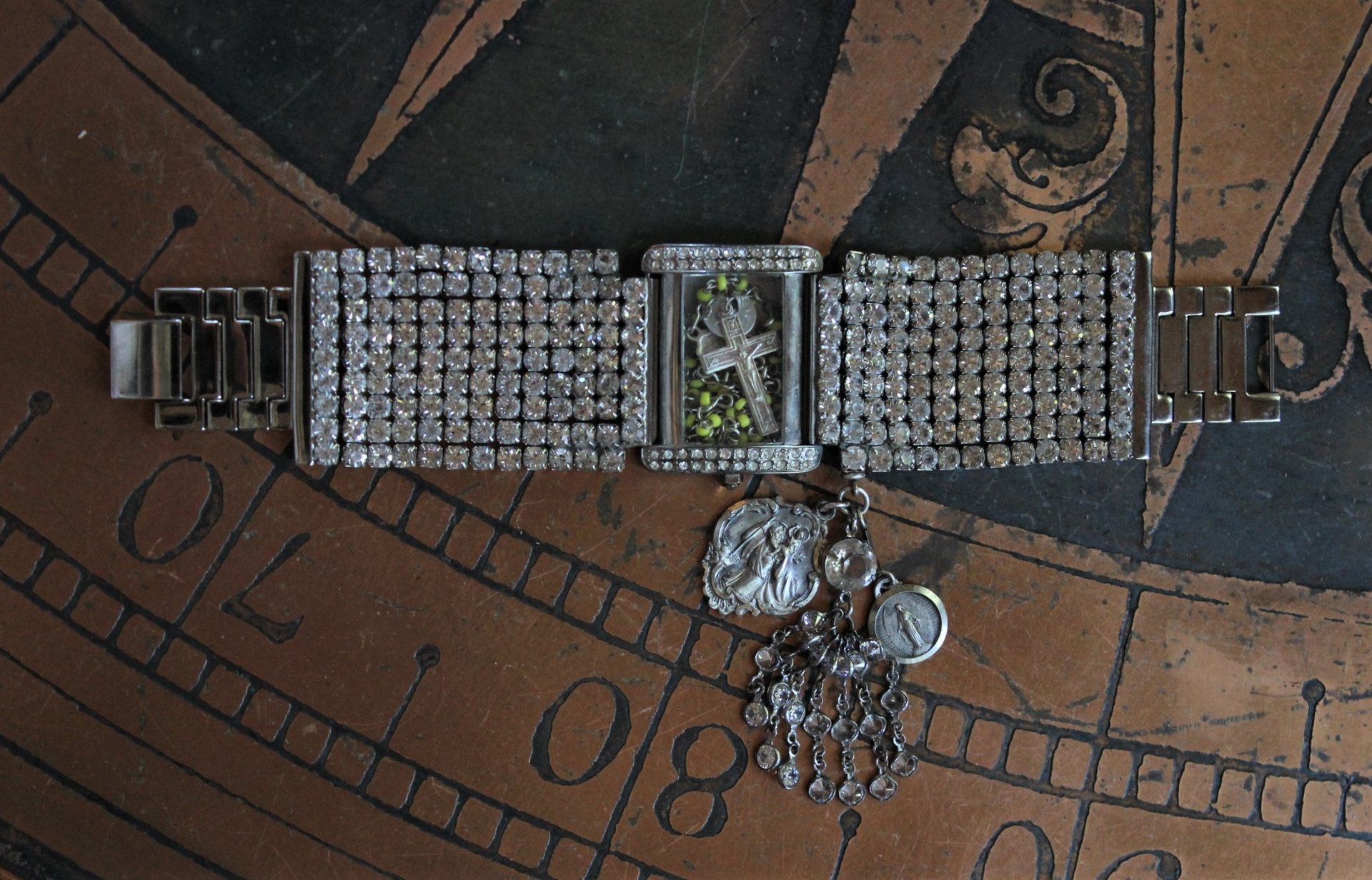Sold to L Time for Prayer Bracelet with Tiny Antique French Rosary, Sculptural Sterling Saint Christopher Medal,Antique French Marian Medal & Sterling Faceted Diamante Tassel