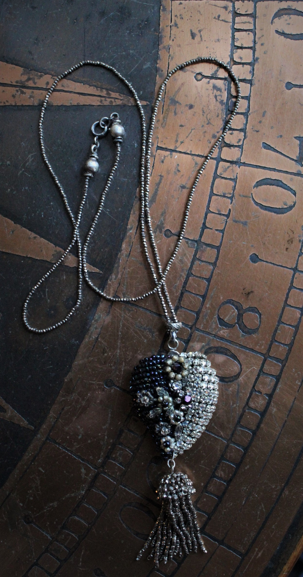 Antique Seed Bead, Pearl and Rhinestone Puffy Heart Necklace with Antique Cut Steel Bead Tassel and Chain
