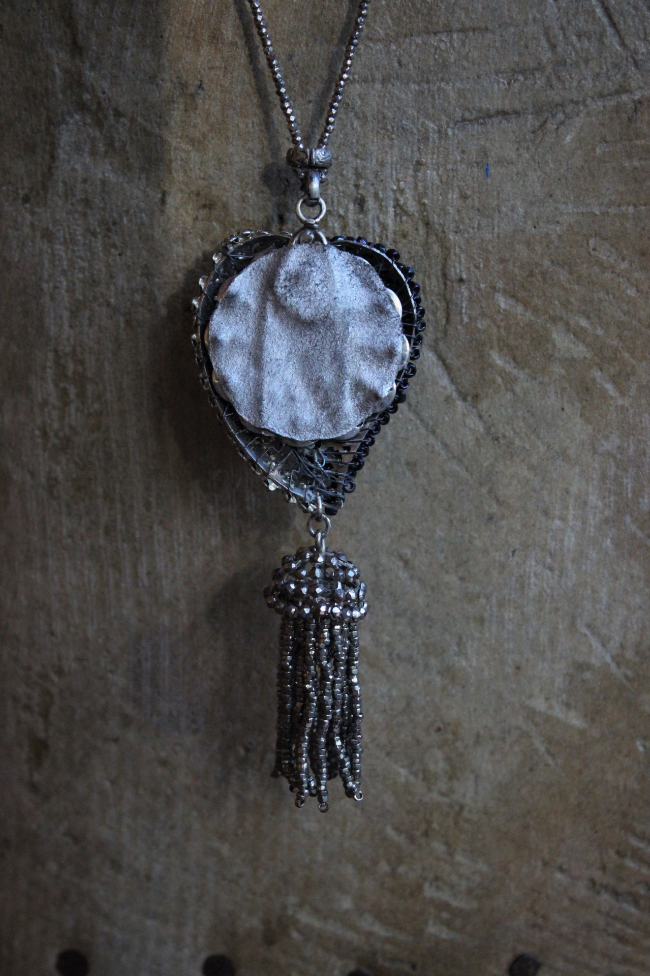 Antique Seed Bead, Pearl and Rhinestone Puffy Heart Necklace with Antique Cut Steel Bead Tassel and Chain