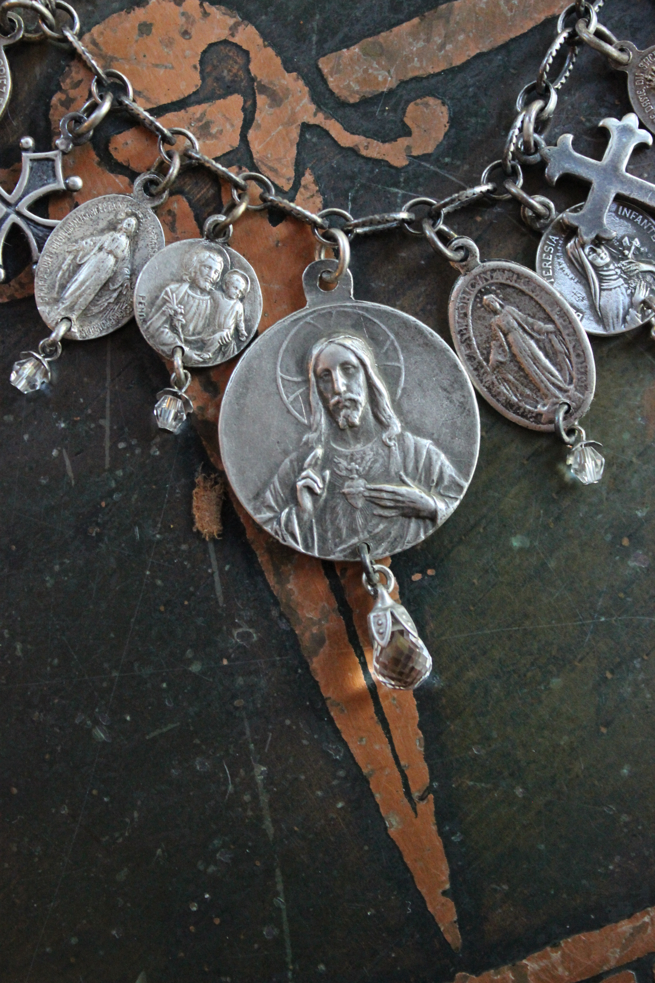 Antique French Medal Bracelet with Sterling Sacred Heart of Jesus Medal,Rare Tiny Sterling Penin Medal,Antique Sterling Crosses,Faceted Crystal Drops