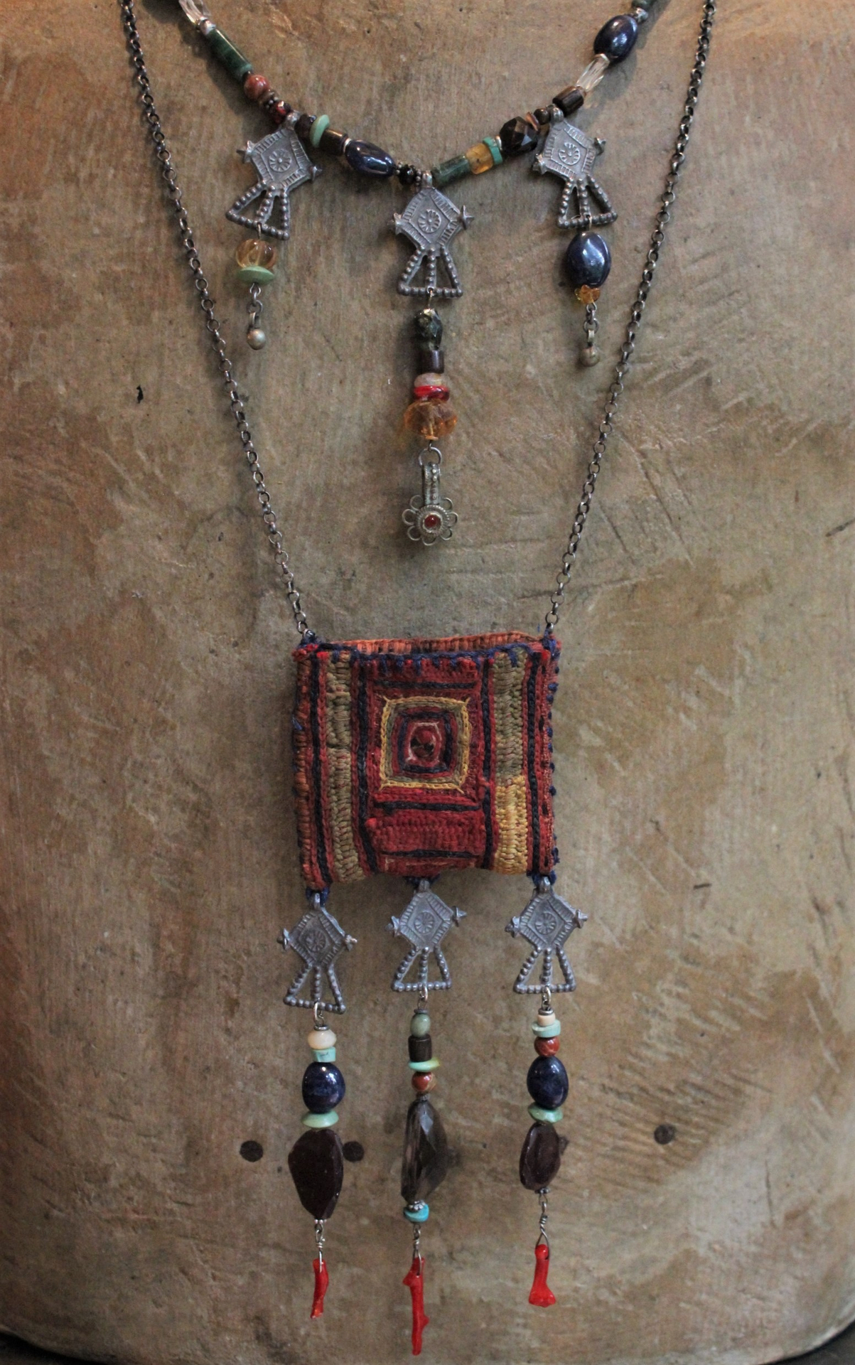 Antique Blessing Bag 2 Strand Necklace with Antique Gypsy Textile,Multiple Gemstones,Antique Gypsy Cross Findings,Sterling Chain & Sterling Toggle Clasp