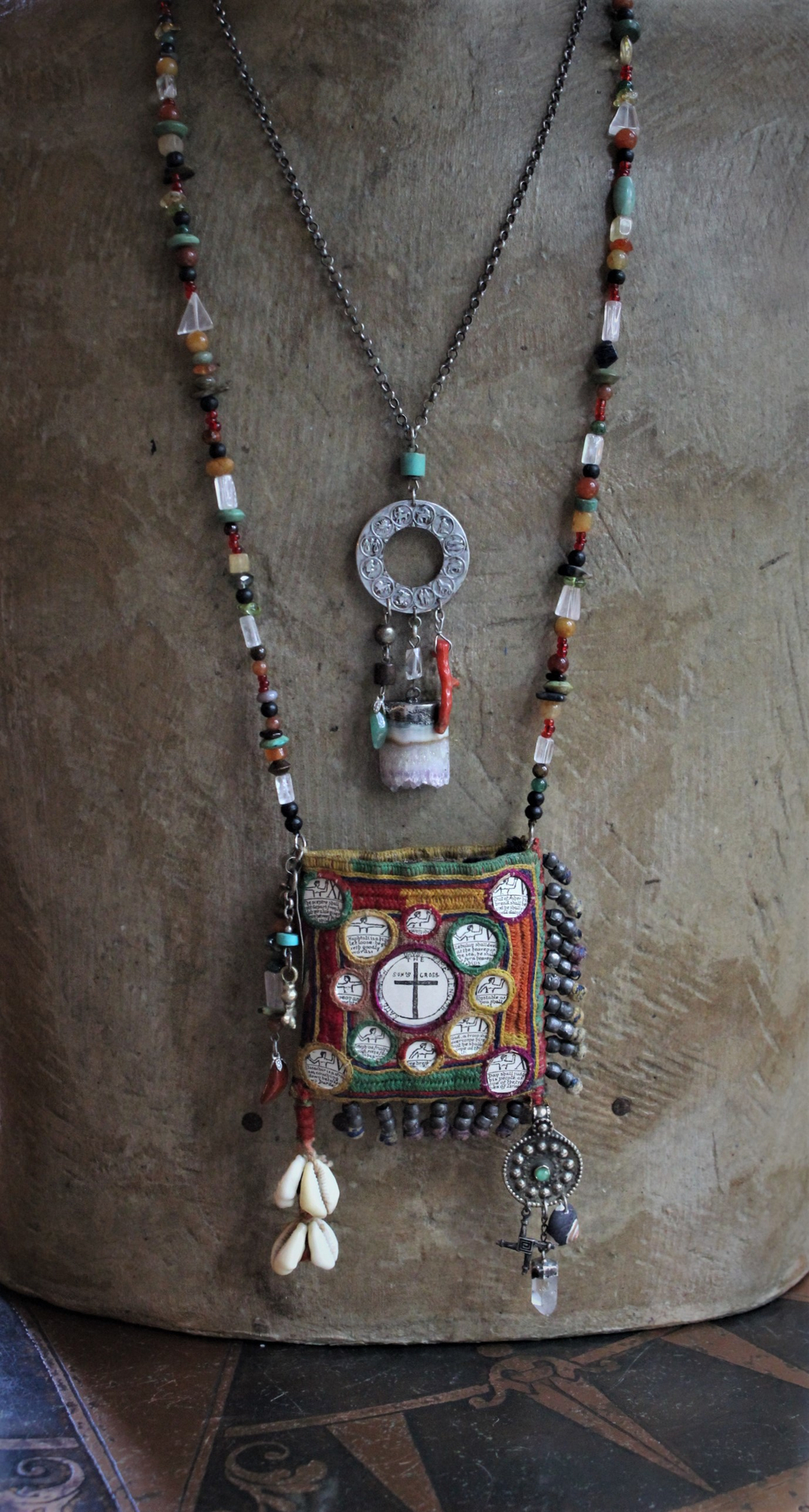 Cosmic Necklace Set with Antique Lyman Stowe Imagery & Ephemera,Antique Zodiac Finding,Antique Currency Cowrie Shells, Polished Gemstone & Agate Chain and More!