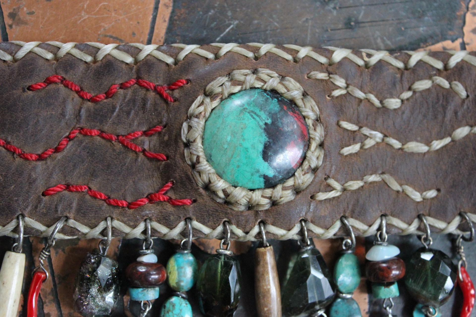 The Healing Cuff with Polished Chrysocolla Cabochon, Artisan Leather Cuff, Multiple Faceted Green Tourmaline Gemstones, Turquoise, Red Coral & More!