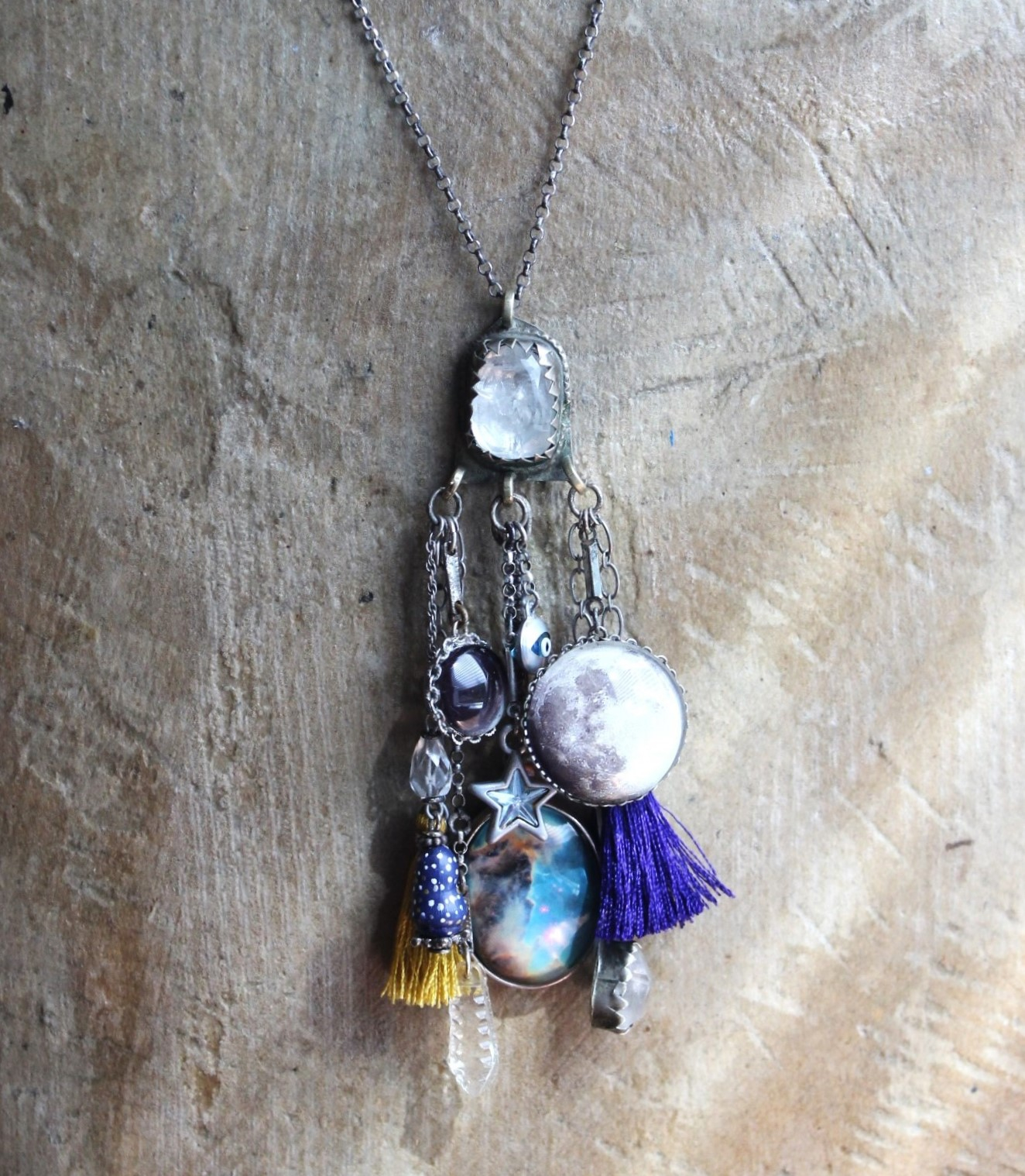 SOLD to J Peace in Your Soul Necklace with Pillars of Creation Pendant, Moon Orbs, Faceted Rock Quartz, Tiny Eye of God and Much More!