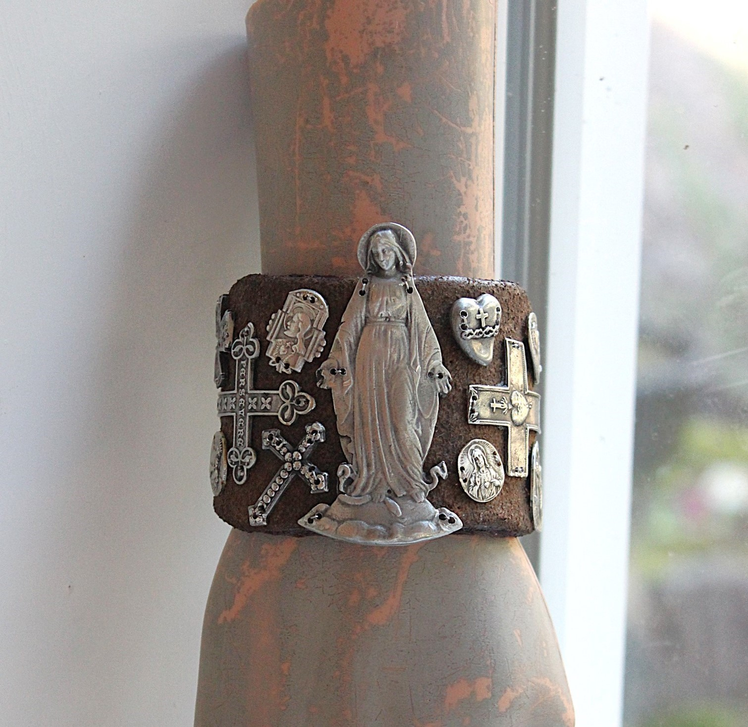 The Milagro Cuff Bracelet with Distressed Leather, 16 Antique & Vintage Crosses and Medals and Leather Tassel