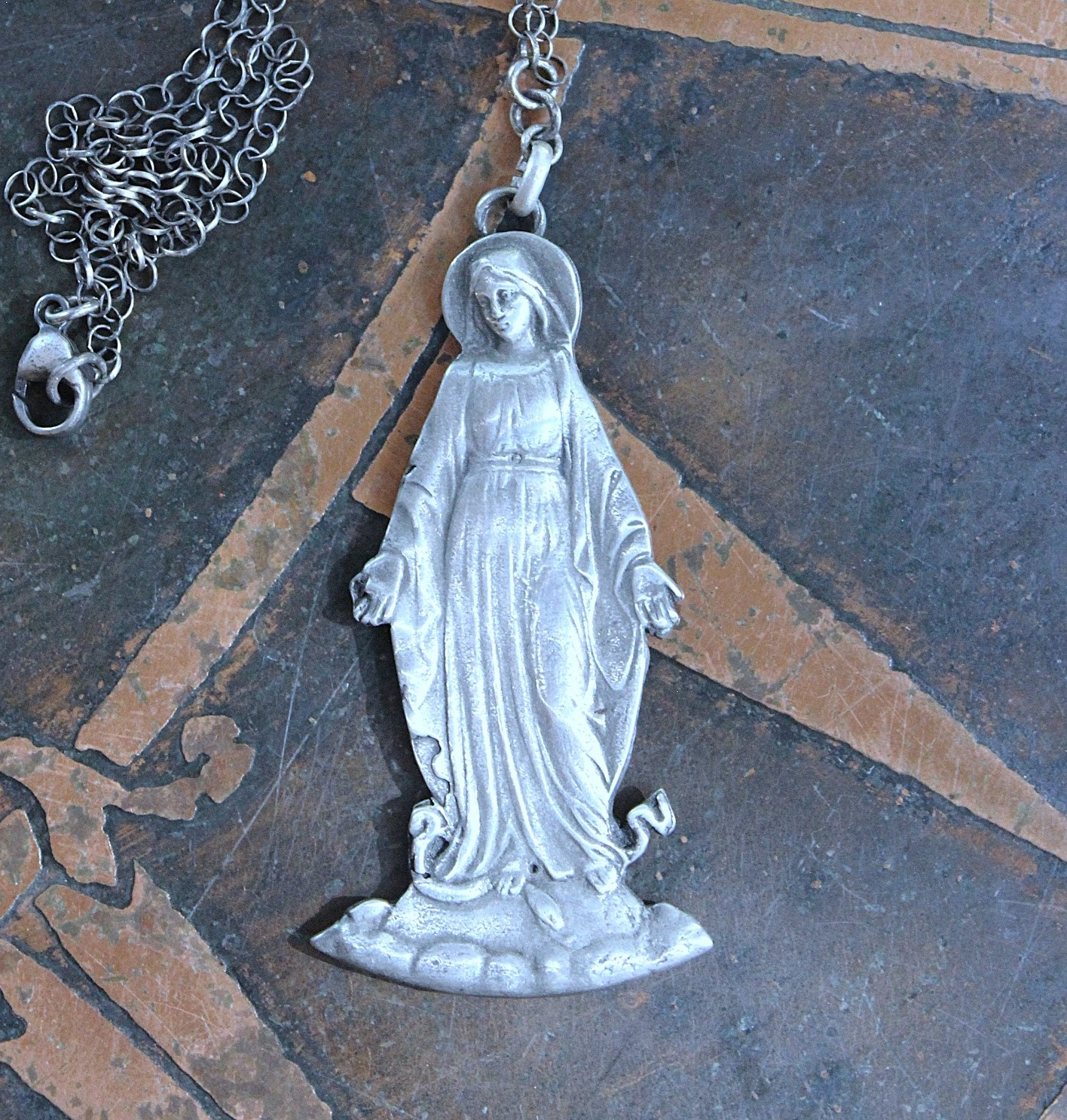 The Genesis of Love Necklace with Rare Virgin Mary and Serpent Pendant, Sterling Rolo Chain & Clasp