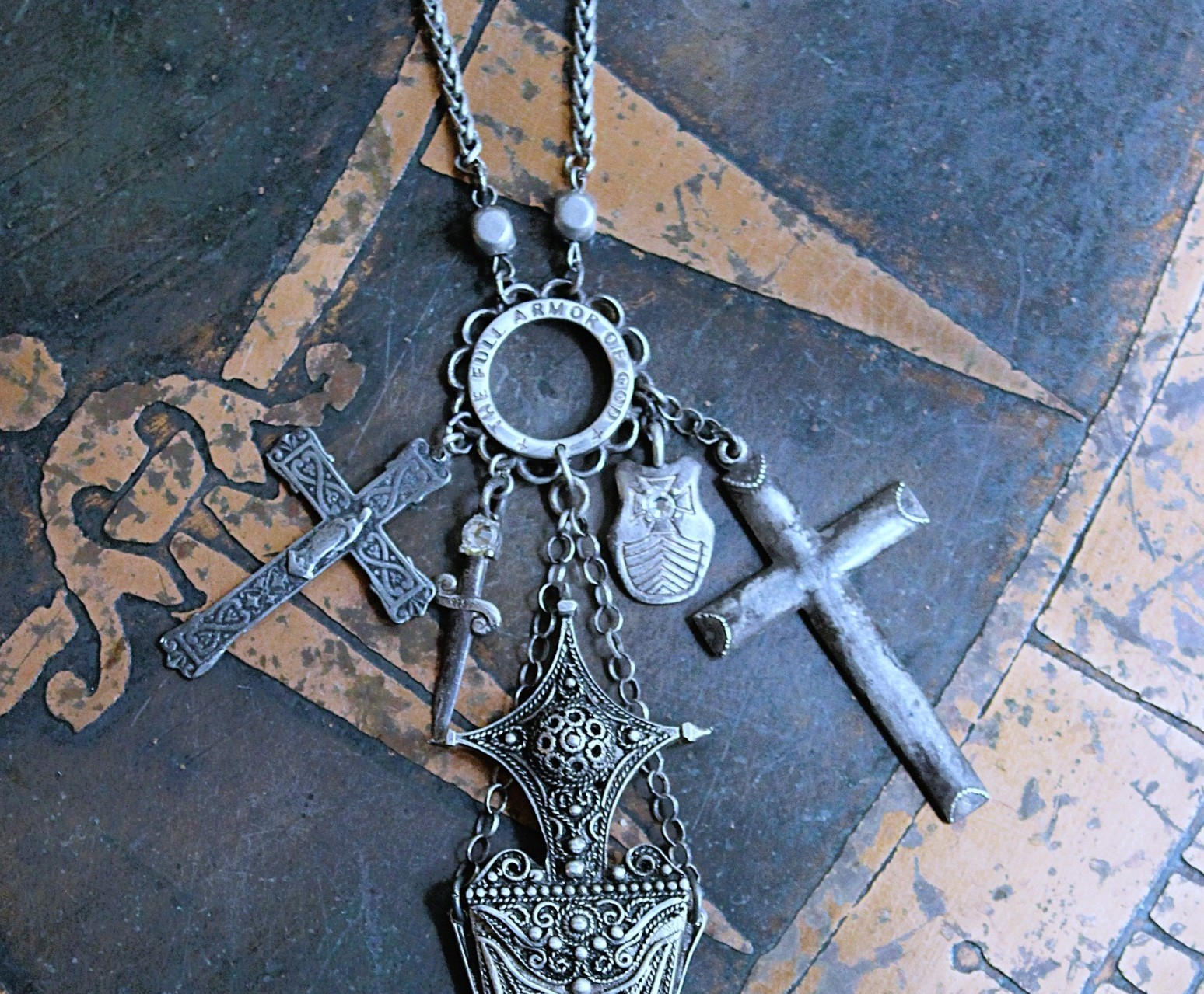 The Armor of God Necklace with Antique Sterling Filigree Sword & Sheath, Sterling Engraved Connector,Sterling Shield & Dagger