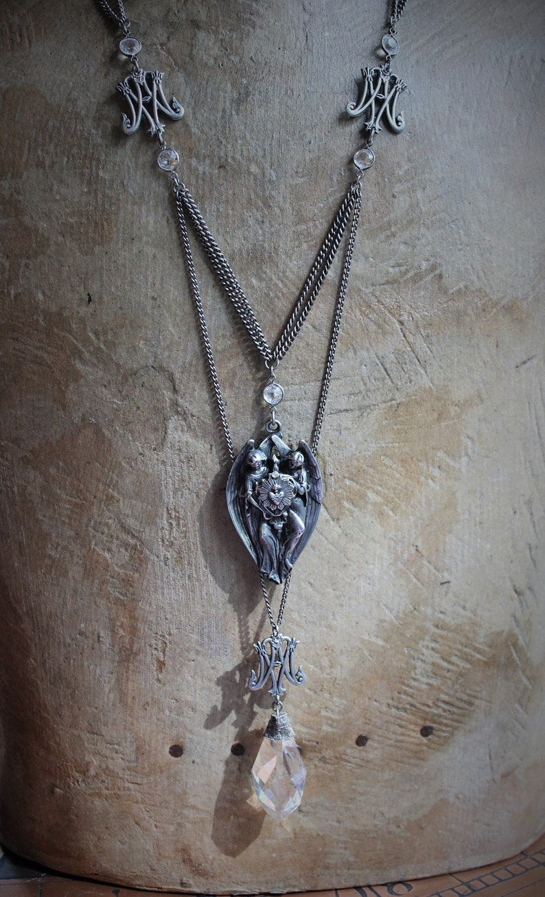 Sold to E - Final Payment The Pure Strength of Faith Necklace w/Antique French Medals,Intricate Vintage Collar Findings,Antique Faceted Heart,Orb and Tear Drop