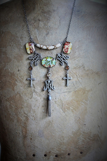 Ave Maria Necklace w/French Caron Freres Scrolled Initials AM Medals,Beveled Glass Connectors,French Crosses,Unique Fabric Finding
