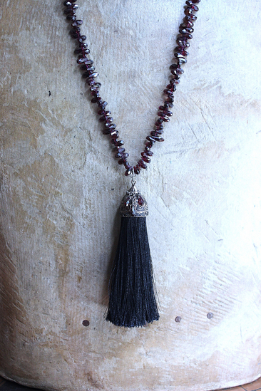 Courage and Hope Necklace with Hundreds of AAA Faceted Almandine Tear Drops, Unique Black Silk Tassel