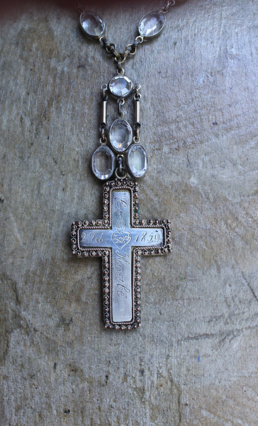 Antique French Sterling & Gold Engraved Flaming Sacred Heart Nun's Cross Necklace with Faceted Oval Bezel Set Crystals and Antique Link Chain