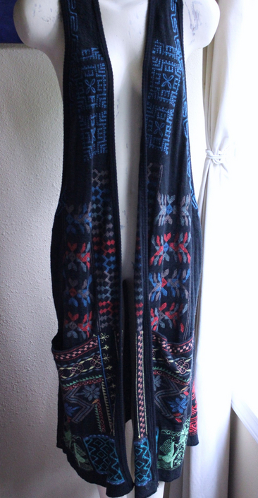 NEW! Vintage Biya by Johnny Was Long Embroidered Open Front Vest with Front Pockets