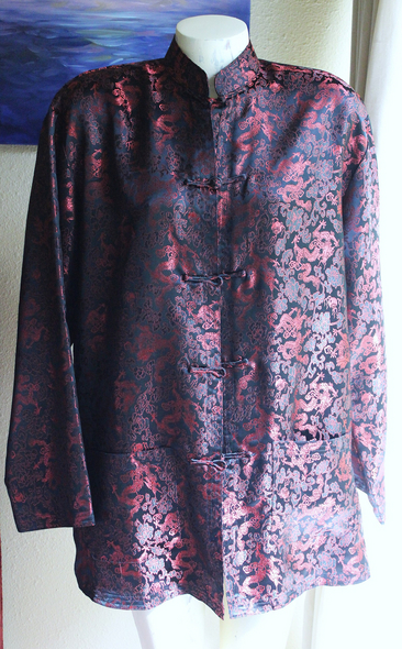 NWOT Authentic Traditional Vietnamese Red and Black Dragon Brocade and Frog Closure Jacket 