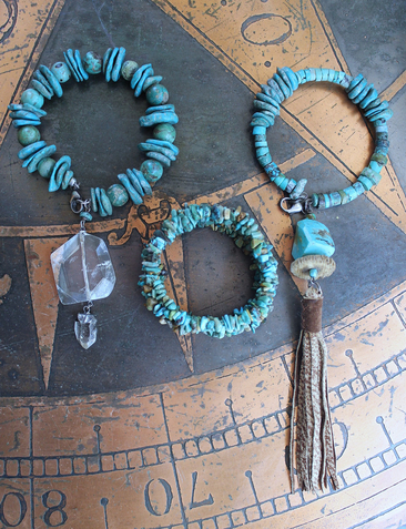 Set of Three Turquoise Stacking Bracelets with Faceted Clear Rock Quartz Drops, Unique Faceted Turquoise Stone, Leather Tassel