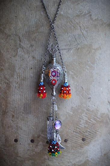 NEW! Moon & Stars Necklace w/Unique Antique Turkish Romani Gypsy Perfume Vessel,Sterling Moon Goddess,Sterling Capped Clear Quartz Point & More!