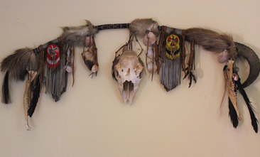 Authentic Native American Animal Spirit Wall Piece with Ram Skull,Jaw,Horn and Hoof, Beaded Findings, Shells, Leather and Carved Wood