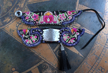 And the Day Came Bracelet Set with Antique Embroidered Hmong Textile, Engraved Metal Plate, Silk Tassel & Silver Beads