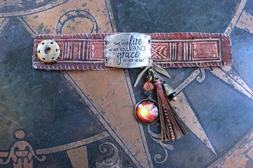 Fire in Her Soul Bracelet with Antique Hand Carved Leather Cuff,Engraved Metal Finding,Leather Tassel,Solar Eclipse Dangle,Carved Carnelian & More!