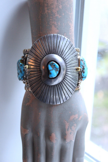 Gorgeous Sterling & Gold Bisbee Turquoise Signed Cuff Bracelet with Sterling Tassel & 14K Bead