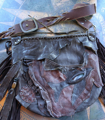 Rare Vintage Free Bird Sweet Smoke Leather Bag with Polished Agate, Fringe and Front Pocket