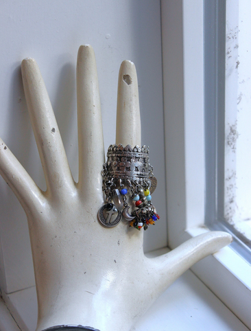 Be Like that to Me Ring with Antique Kuchi Gypsy Finding,Sterling Band,Sterling Moon,Star,Tiny Clear Rock Crystal Point & More!