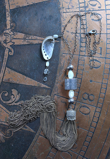 The Cure for Anything Necklace with Rare Anne Choi Sterling Bead, Multi Chain Tassel, Faceted White Topaz Tear Drop & Tiny Abalone Shell