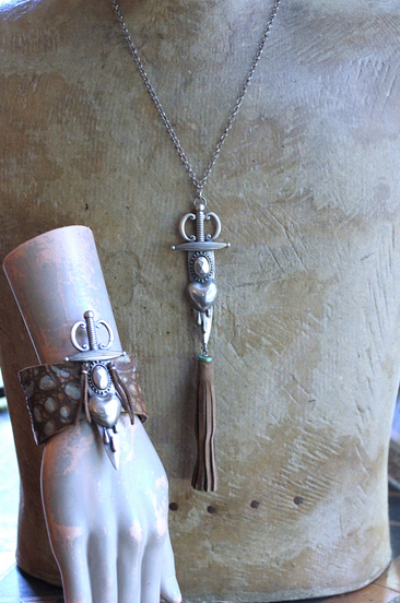 The Light Necklace & Cuff Bracelet Set with Sterling Belcher Chain, Unique Leather Cuff & Tassel, Two Wounded Heart Medals