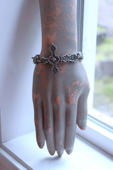 Flaming Sacred Heart Cross & Puffy Heart Bracelet 