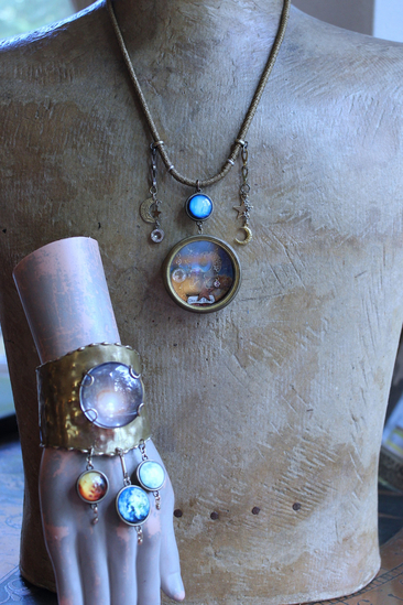 Divine Love Bracelet & Necklace Set with Antique Watch Case Cosmic Diorama, Glass Orb Earth, Moon & Sun and More!