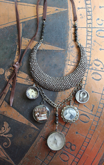 The Art of Becoming Necklace with Rare Antique Faceted Cut Steel Crescent Moon, Antique Compass & 4 Unique Antique Dangles