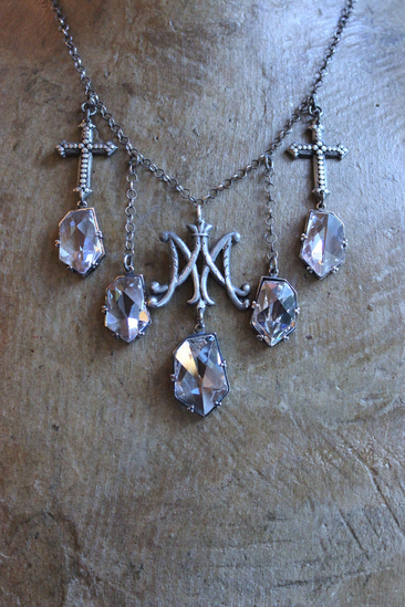 Antique French Scrolled Ave Maria AM Medal Necklace with Sterling Belcher Chain,2 Bead Point Crosses & 5 Uniquely Faceted Crystal Drops