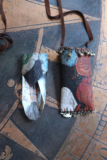 Asymmetrical Hand Painted Clouds Thangka Pouch with Far Infrared Light Healing Tower, Antique Cloud Shaped Drops & Tiny Orbs